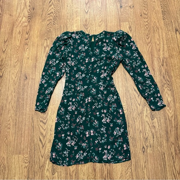 Reformation Juni Green Floral Long Sleeve Mini Lined Dress Size 6 Puff Sleeve - Picture 4 of 12
